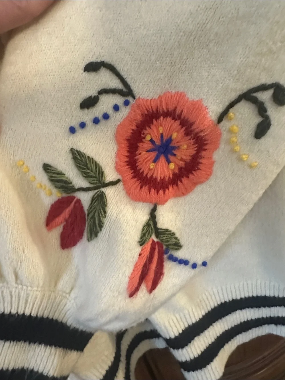 Embroidered  Floral  Oversized Cream Sweater W/ Black Stripes Puffer longsleeves